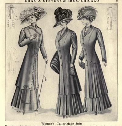 Three Titanic era, Edwardian dress suits showing high, medium and low styles of trim. 