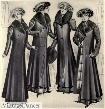1909, fur trim long wool coats. Style still worn by middle and lower classes on board the Titanic