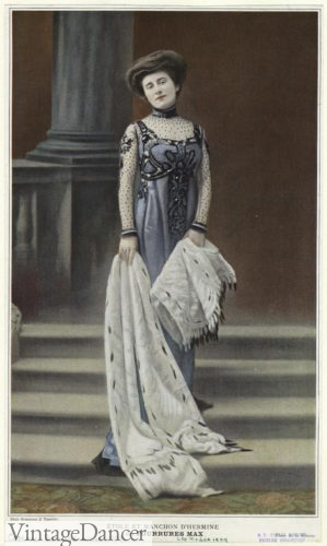 Edwardian 1909 evening dress with fur muff and wrap
