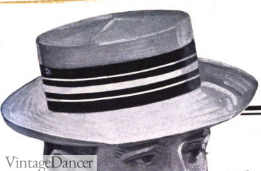 1910 mens oval flat crown straw hat with stripes band