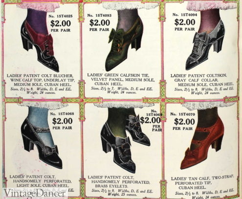 1912, Low cut oxfords or slip on pumps for light walking, afternoon visiting, or at home