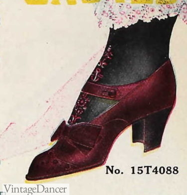 1910 velvet strap shoes with bow heels Edwardian era