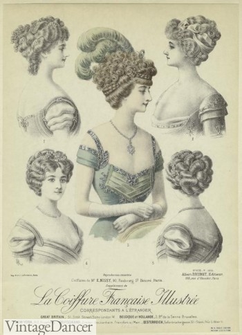 1911 Hairstyles as big as Hats! Large feather plumes, strings of pearls or gems and silk ribbon accented evening hairstyles. 