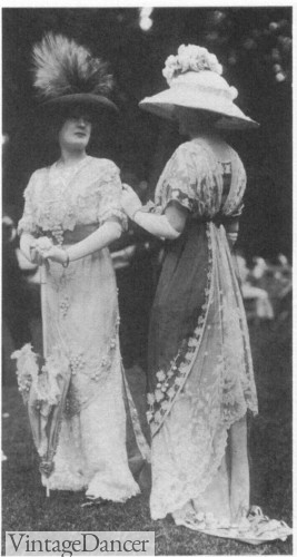 1911 walking gowns with matching lace and flower topped parasol