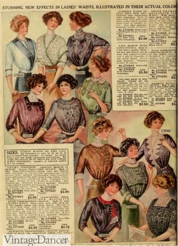 1912, Sears, catalog of new blouses for middle classes. $3-5 or $70 to $100 today