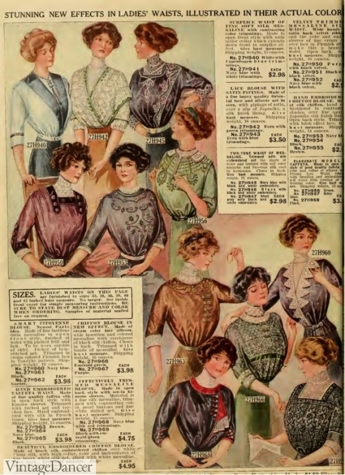 1912, Sears, catalog of new blouses for middle classes. $3-5 or $70 to $100 today