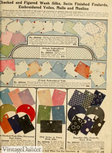 1912 silk, satin foulard, embroidered voiles, mulls, and muslins - Edwardian Totanic fabrics and dress colors