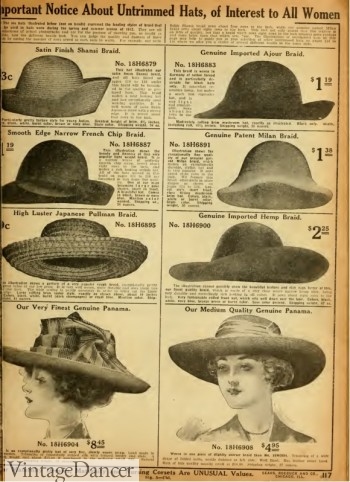 1912, plain undercoated hats. Simple shapes with a little trim were all lower classes could afford. 
