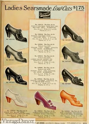 1912, Low cut oxfords or slip on pumps for light walking, afternoon visiting, or at home