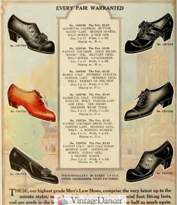 1912 men's oxford shoes (lace up or button over) and pump (lower left)