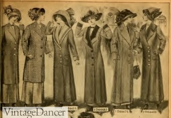 1912 women's long coats. Winter fashion aboard the Titanic for middle classes. 