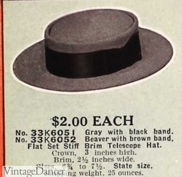 1912 telescope crown black or brown felt hat mens pork pie hats