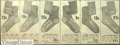 Edwardian era 1913, men's wool socks with contrasting heels and ribbed tops. Thicker socks for socks wear, thin socks for home. 