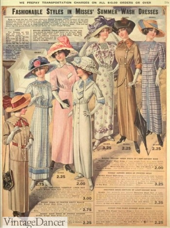 1913, fancy cotton dresses for middle class women. These are the styles of dress women would have worn at 2nd class passengers on the Titanic