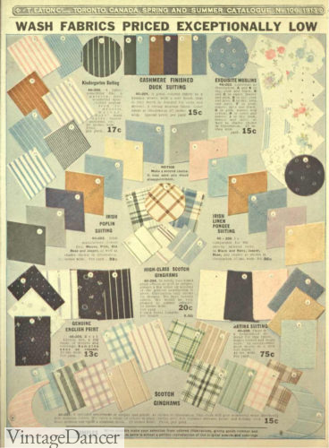 1913 gingham, poplin. suiting, linen, muslin, cotton prints fabrics materails of the Edwardian Titanic era
