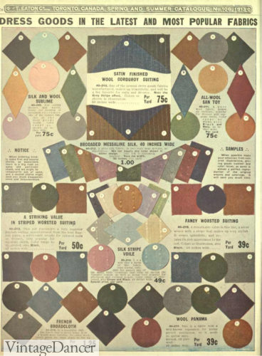 1913 wool/silk suiting, corderoy, cotton broadcloth fabrics materials of the Edwardian Titanic era