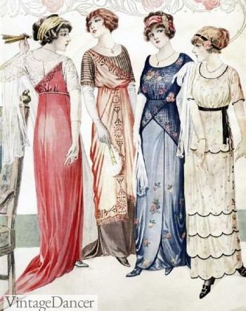 1913, Long white gloves covered arms in evening dress.