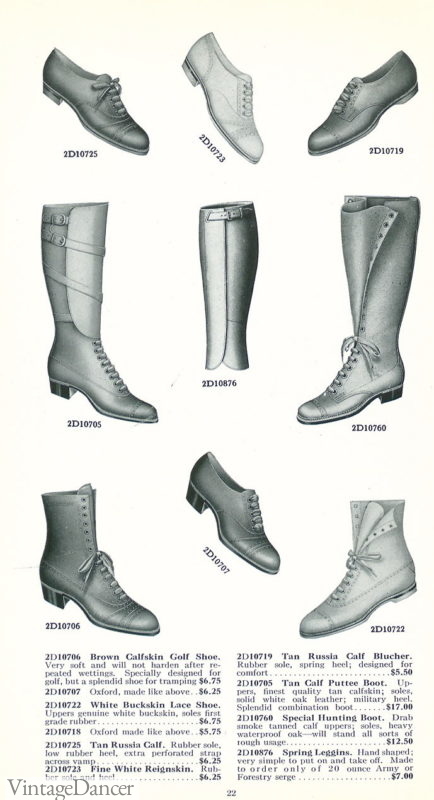 1913 outdoor boots, oxford shoes and putees