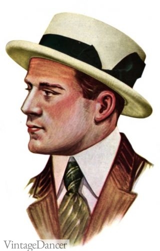 1914 mens white collar shirt and straw hat