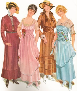 1915 pink and blue party dresses with sheer sleeves and flower