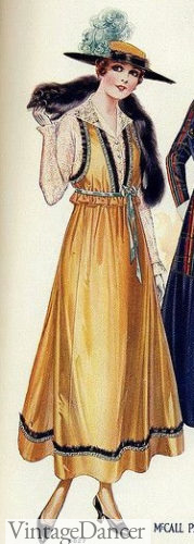 1915 winter dresses jumper gold Great War WW1 fashion
