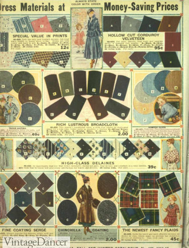 Great War WW1 fashion fabrics and colors. 1916 corderoy, broadcloth, tweed, delaine, serge coating, chinchilla coating, plaid Great War WW1 fashion