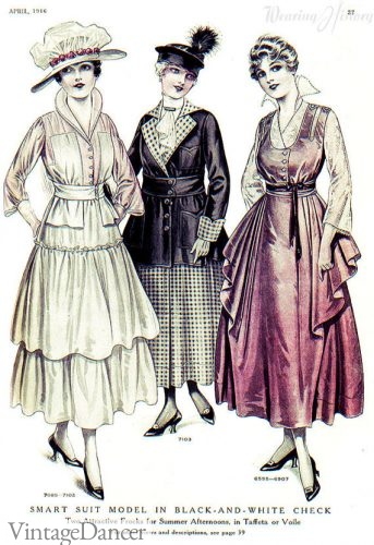 Great War WW1 fashion 1916 tiered dress, half coat and side ruffled dress