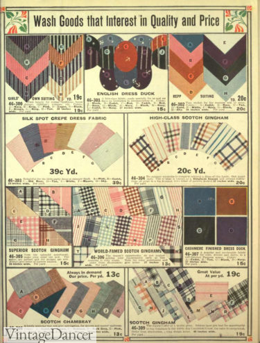 Great War WW1 fashion fabrics and colors. 1916 suiting, duck cloth, silk crepe, gingham, chambray