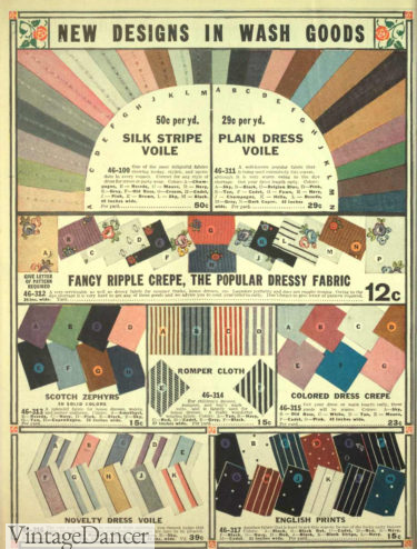 Great War WW1 fashion fabrics and colors. 1916 fancy fabrics- voile, crepe, prints Edwardian WW1 era