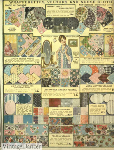 1916 velour, twill. flannel house dresses, robes, nightgowns, children's fabrics Edwardian era WW1