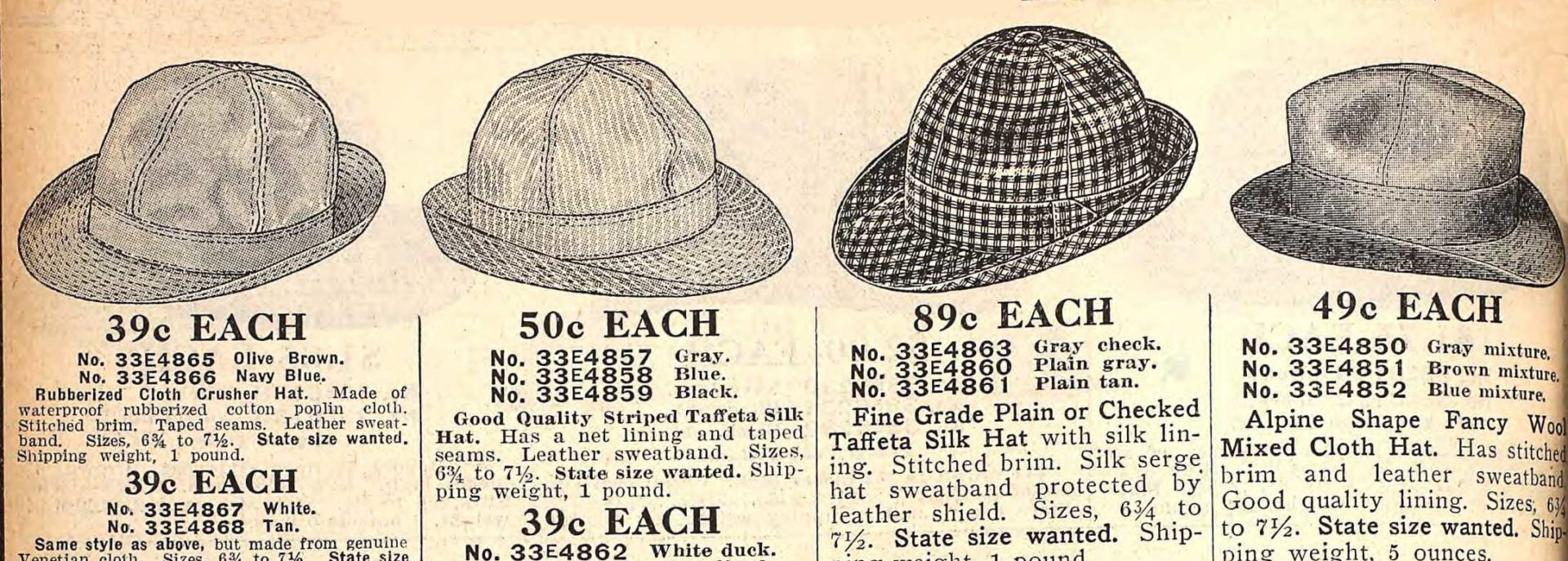1916 men's cloth hats