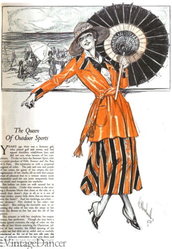 1916 striped sport skirt outfit Great War WW1 fashion