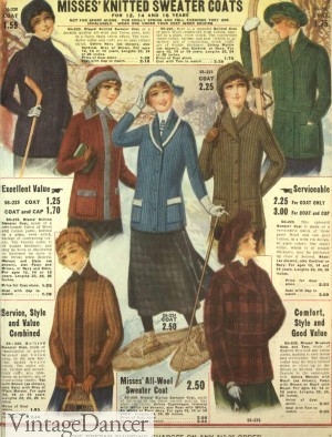 1916 Sweaters with high shirt collar and shawl collars. 