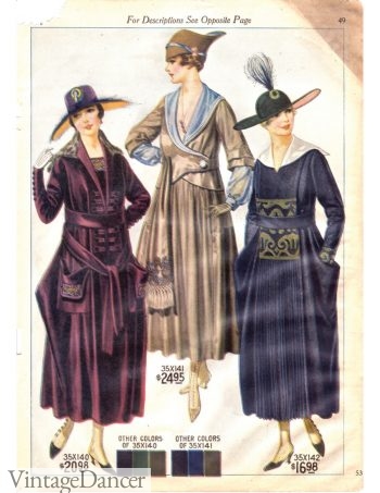 1917 Winter dresses with large side pockets Great War WW1 fashion fabrics and colors.