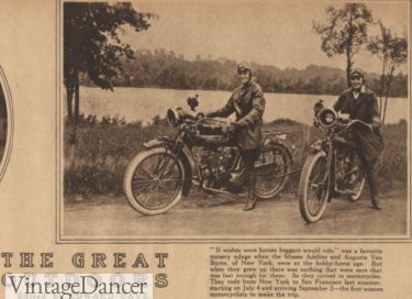 1917 women motorcycle riders wearing similar outfits to bicyclists adding a leather jacket for protection