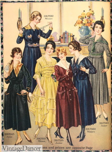 Great War WW1 fashion fabrics and colors. 1910s teenage girls day and evening party dresses
