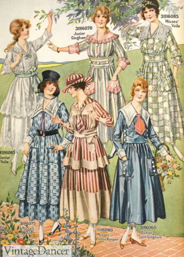 Great War WW1 fashion fabrics and colors. 1910s teenage girls tea party garden summer dresses