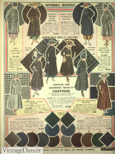 1918 coatings and suiting fabrics - Edwardian era WW1 - chinchilla, plaid wool, serge, whipcord, broadcloth