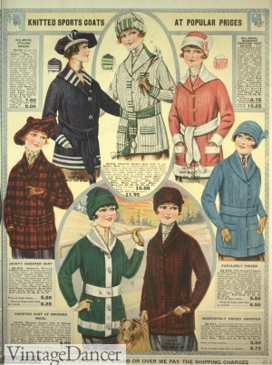 Chandails Edwardian 1918 - Ceintures plus larges et nouvelles demi-ceintures boutonnées.  Plus de couleurs à la mode.