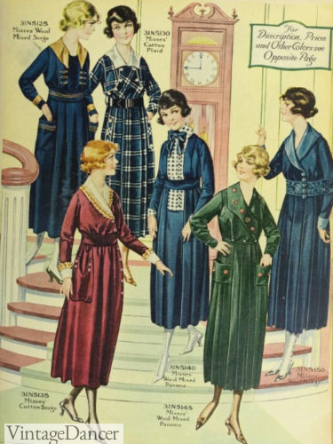 1818 house and day dresses in solid colors (one in plaid.) Several have wrap tops with shawl collars.