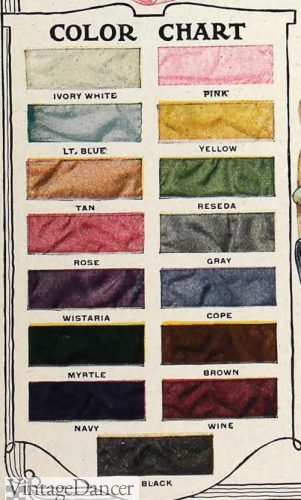 1918 silk colors fashion fabrics dress clothing colours. 1910s fashion colors clothing colors for women. Edwardian era, Great War, WW1 colors.