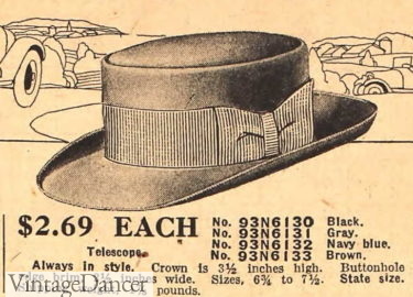1918 telescope crown with shaped brim mens hat pork pie style