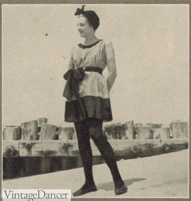 1918 striped swim dress with sash, black stockings and turban wrap