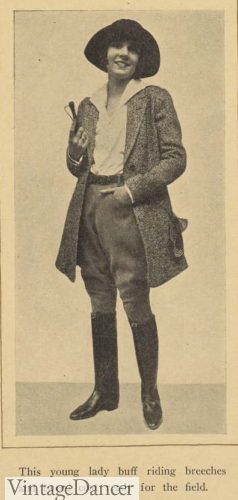 Edwardian riding outfit of breeches, blouse and a tweed coat