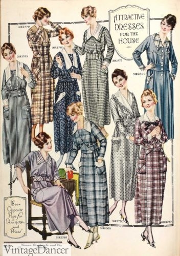 1916 plaid, check and solid dresses with white collars Great War WW1 fashion