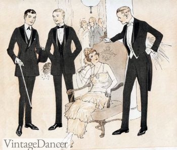 Mens 1920s formal attire- Dinner jacket (tuxedo) or full white dress with tails