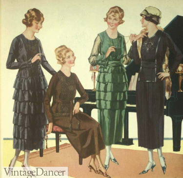 1920 fashion party dress for teens and young women. More ruffles, sheer sleeves, minimal trim.