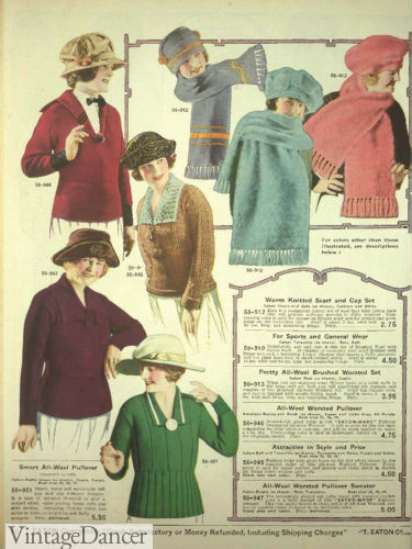 1920 winter fashion slightly shorter pullover sweaters with tapered waists and matching scarves