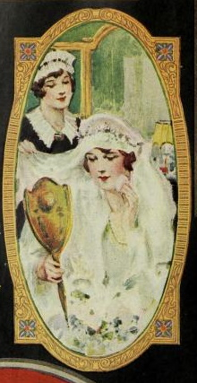 A house maid helping a bride get dresses.