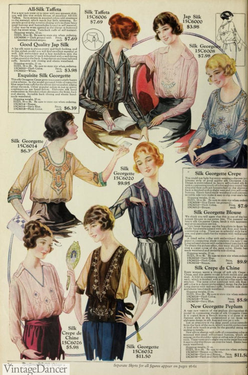 1920 women blouse shirt top Round and V necklines without collars for the slip over style of blouse. Read more at VintageDancer